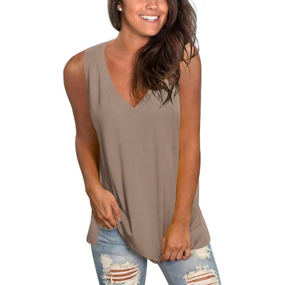 Sampeel Tank Top Women XL Brown V-Neck Sleeveless Side Slit Relaxed Tunic New